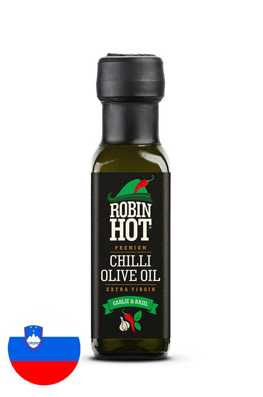 Čili olje s česnom in baziliko 100 ml – ekstra deviško oljčno olje z zelišči in čilijem