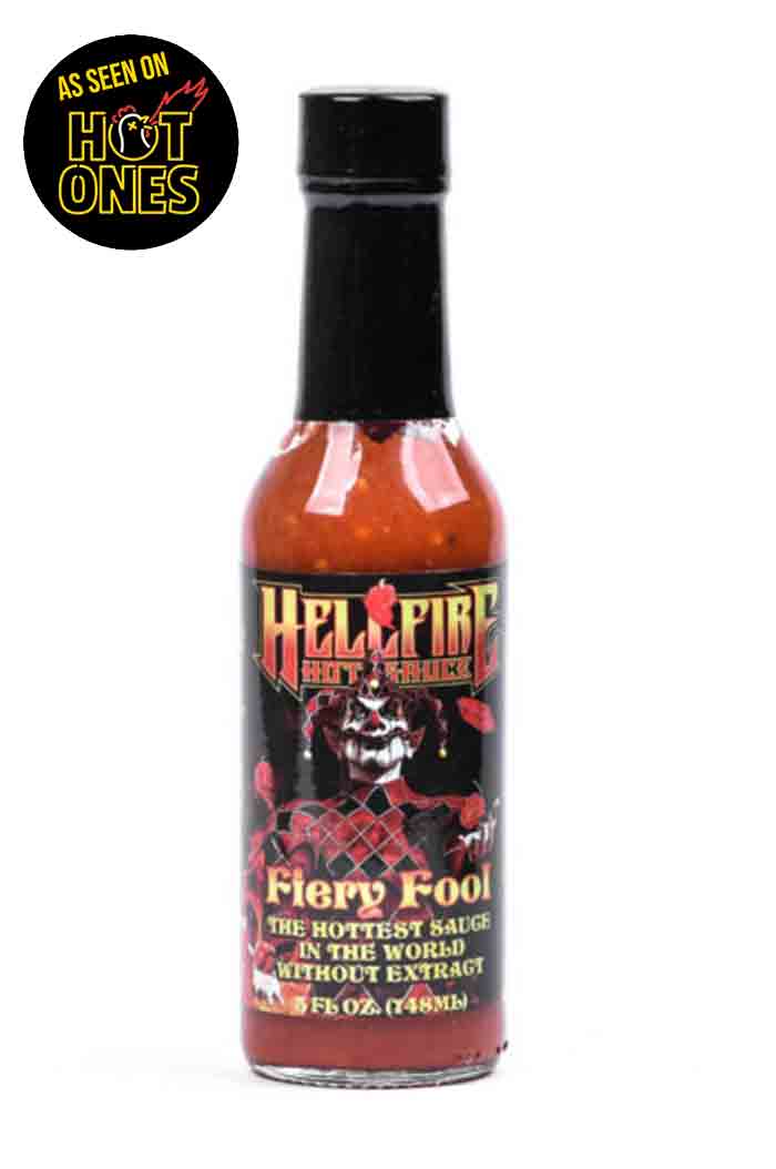 Hellfire Fiery Fool 148 ml – super pikantna omaka brez ekstrakta s Carolina Reaper in Trinidad Scorpion čiliji